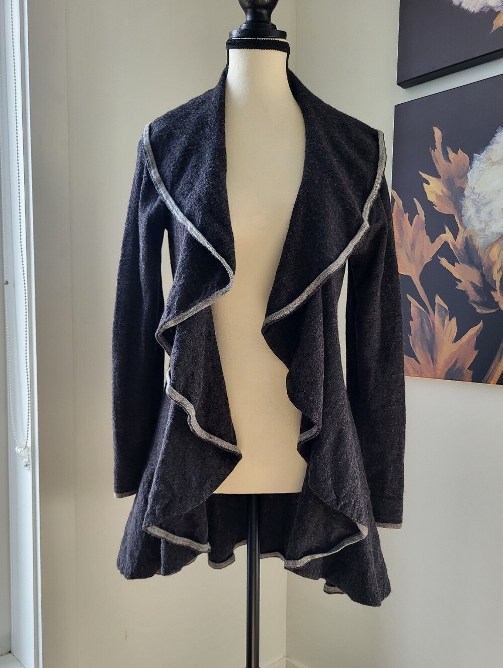 Cynthia Rowley Charcoal Ruffle-Trim Open Waterfall Wool Cardigan